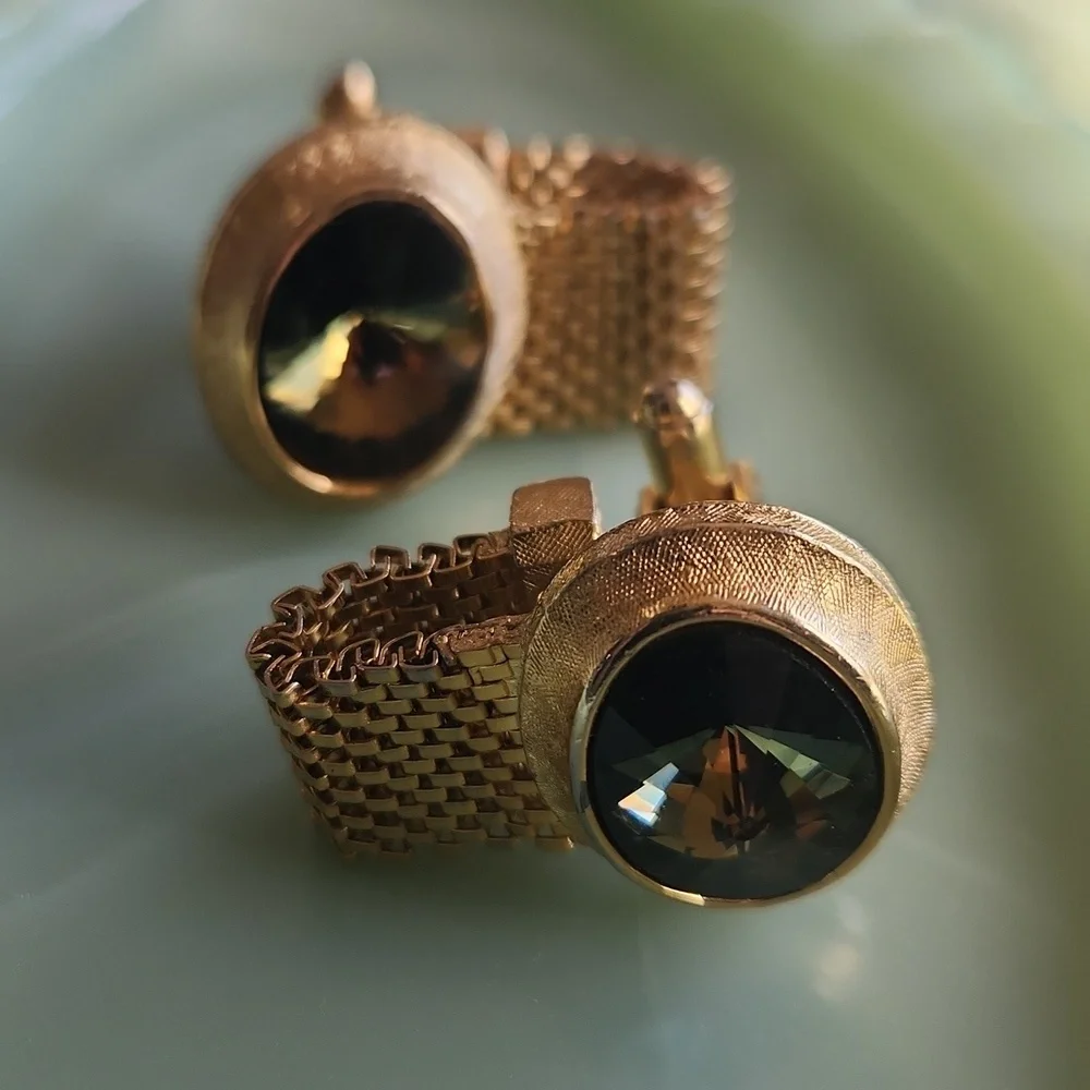 Vintage DANTE green Crystal Cufflinks Gold Tone Metal Prisms Luxury Look